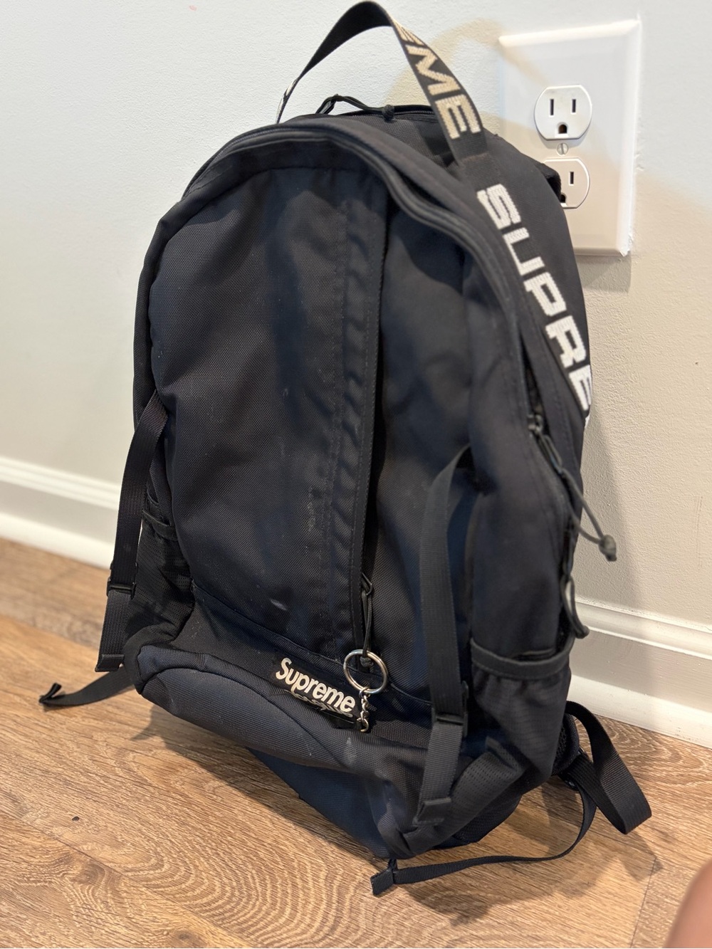 Supreme Black Backpack with White Logo Webbing